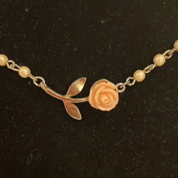 Vintage Silver Tone Pink Rose Beaded Faux Pearl Choker Collar Statement Necklace - Picture 2 of 3